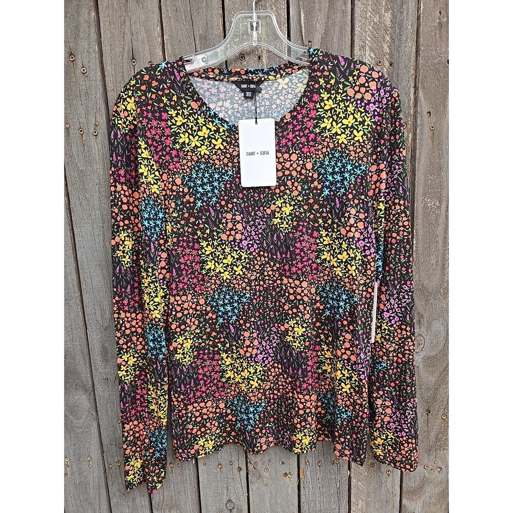 Saint + Sofia Austen Crew Neck Tee Ditsy Floral Black Long Sleeve Women’s Sz 14